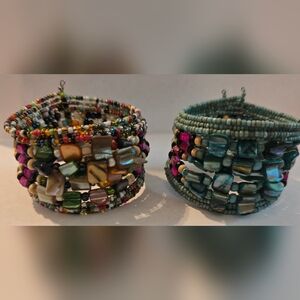 X2 Seed Bead with Shell Piece Wire Cuff Bracelets Multi Color & Teal Blue